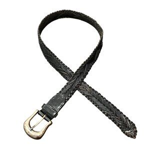 Vintage Braided Leather Belt Black Sz 32 Single Prong Brass Buckle Retro
